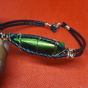 Jewel Beetle Wing bracelet with Copper & leather